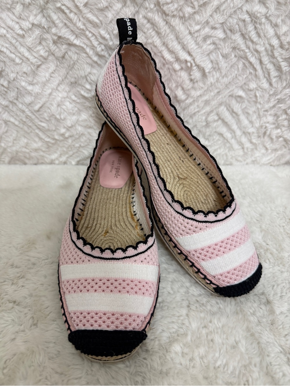 Kate Spade pink and white striped knit Espadrille flats with black Trim